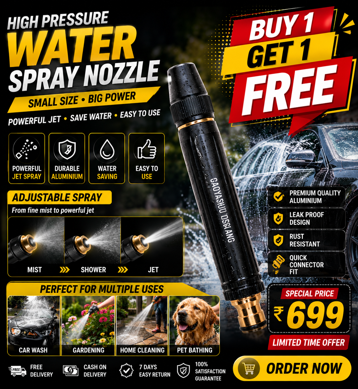 SED High Pressure Brass Water Spray Nozzle | Car Wash, Gardening & Home Cleaning | Buy 1 Get 1 FREE