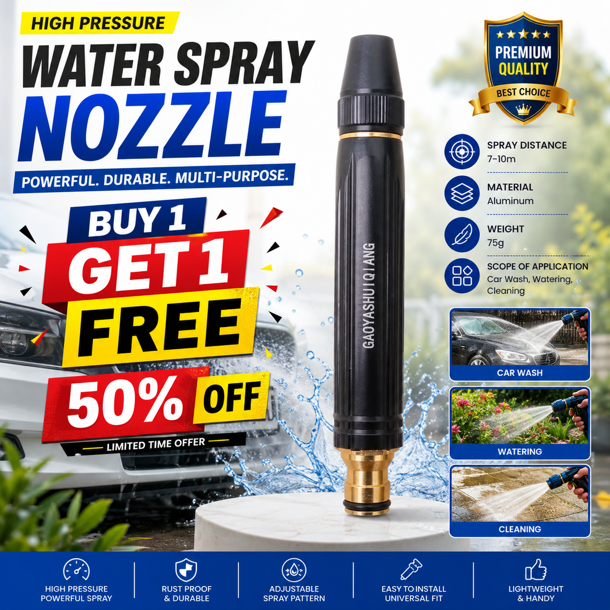 SED High Pressure Brass Water Spray Nozzle | Car Wash, Gardening & Home Cleaning | Buy 1 Get 1 FREE