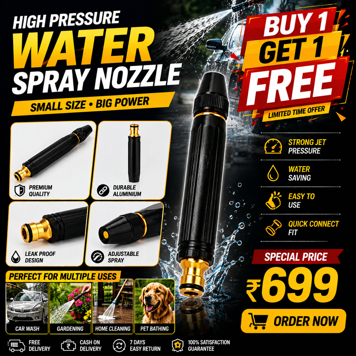 SED High Pressure Brass Water Spray Nozzle | Car Wash, Gardening & Home Cleaning | Buy 1 Get 1 FREE